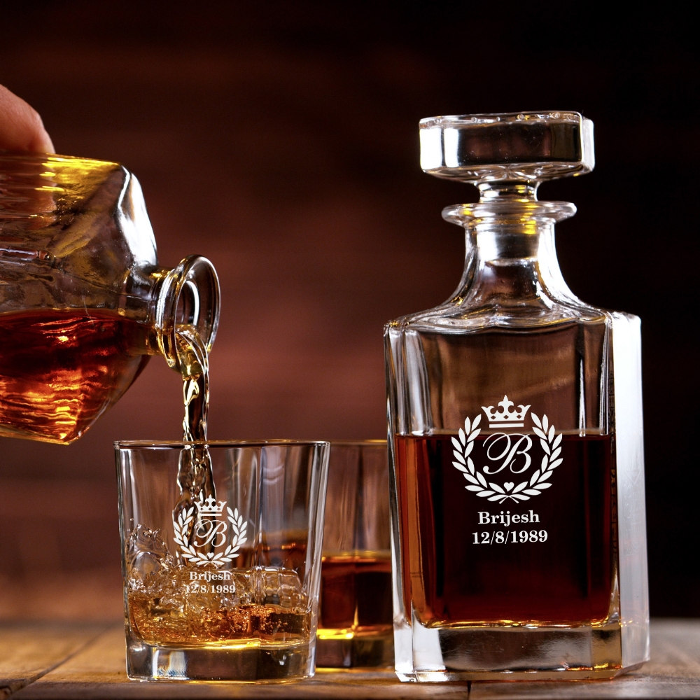 Elevate your gifting experience with our exquisite personalized whiskey decanter set, which includes a beautifully crafted decanter and six matching glasses. Perfect for any whiskey lover, this set can be custom-engraved with names, logos, photos, and monograms, making it an ideal gift for groomsmen, fathers, or any special man in your life.