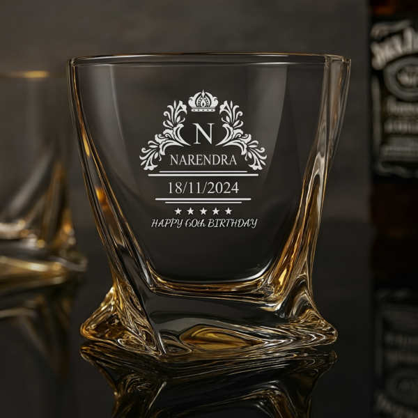 Personalized Whiskey Glass for Him – Custom Engraved Crystal Tumbler with Name, Logo, or Monogram – Twisted Base Design – Unique Birthday, Anniversary, or Father’s Day Gift