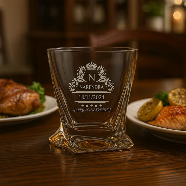 Personalized Whiskey Glass for Him – Custom Engraved Crystal Tumbler with Name, Logo, or Monogram – Twisted Base Design – Unique Birthday, Anniversary, or Father’s Day Gift