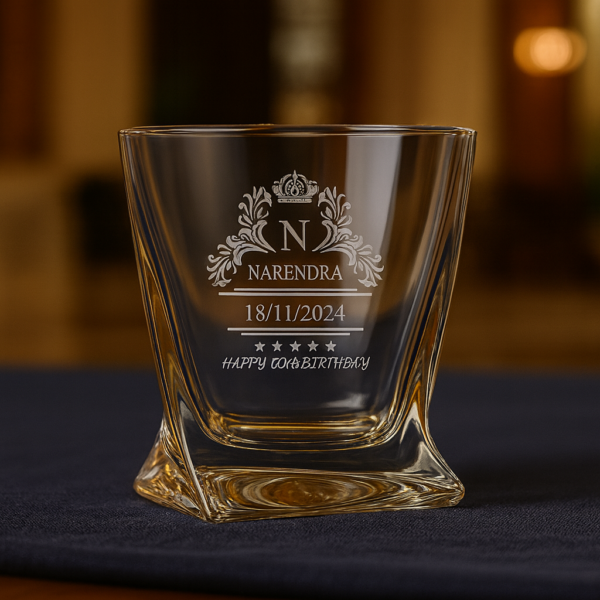 Personalized Whiskey Glass for Him – Custom Engraved Crystal Tumbler with Name, Logo, or Monogram – Twisted Base Design – Unique Birthday, Anniversary, or Father’s Day Gift