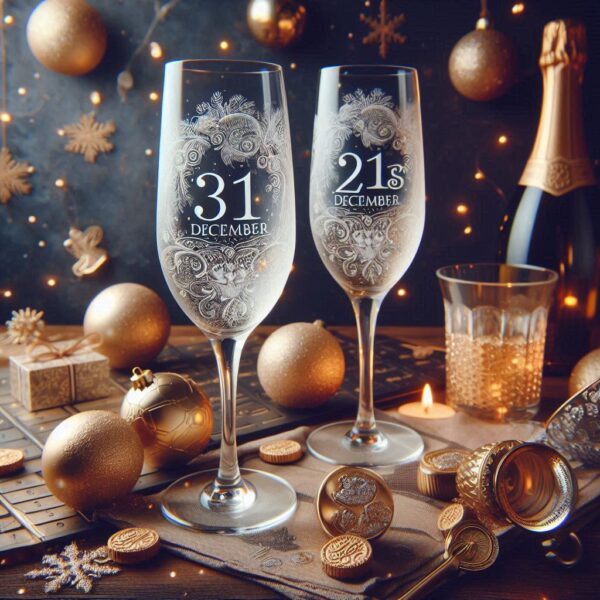 Personalized Deep Engraved 31st December party Champagne glasses - Custom Party Glasses deep engraving your 31st December party Champagne glass name, logo, monogram engraving