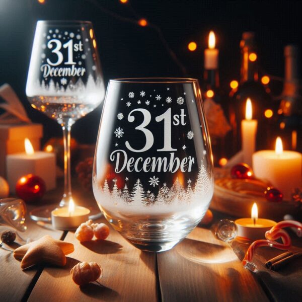 Personalized Deep Engraved 31st December party wine glasses - Custom Party Glasses deep engraving your 31st December party wine glass name, logo, monogram engraving