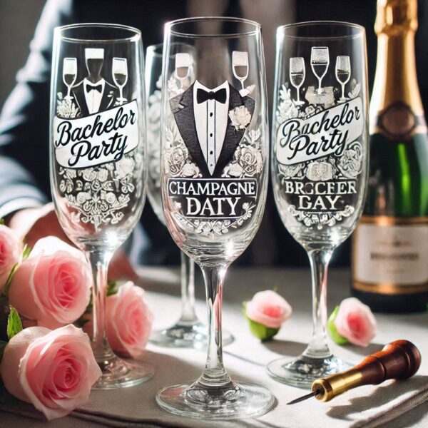 Personalized Deep Engraved Bachelor Party Champagne Glasses - Custom Groomsmen Gifts Champagne glass deep engraving your name, logo, monogram, photo, deep engraving