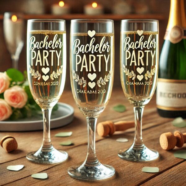 Personalized Deep Engraved Bachelor Party Champagne Glasses - Custom Groomsmen Gifts Champagne glass deep engraving your name, logo, monogram, photo, deep engraving