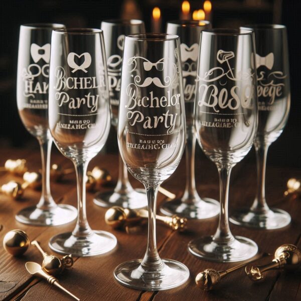 Personalized Deep Engraved Bachelor Party Champagne Glasses - Custom Groomsmen Gifts Champagne glass deep engraving your name, logo, monogram, photo, deep engraving