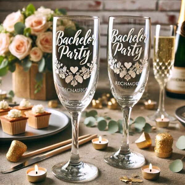 Personalized Deep Engraved Bachelor Party Champagne Glasses - Custom Groomsmen Gifts Champagne glass deep engraving your name, logo, monogram, photo, deep engraving