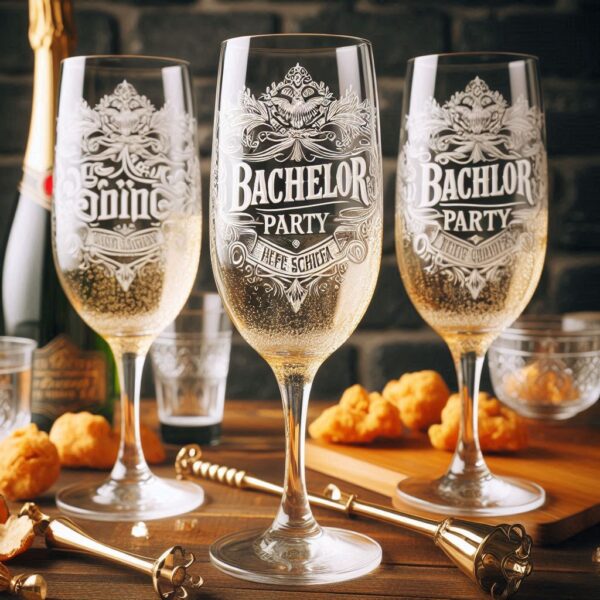 Personalized Deep Engraved Bachelor Party Champagne Glasses - Custom Groomsmen Gifts Champagne glass deep engraving your name, logo, monogram, photo, deep engraving