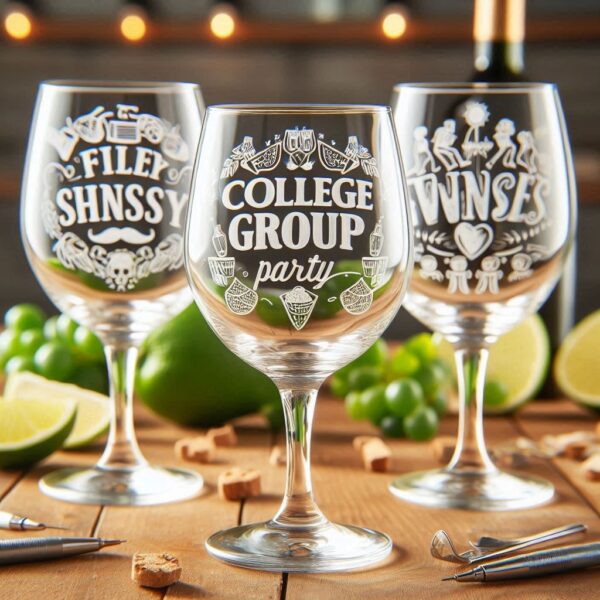 Personalized Deep Engraved College Group Party wine Bar Glasses - Custom Glassware for Friends gift wine glass deep engraved name, logo, photo, monogram, love symbol deep engraving your wine glass