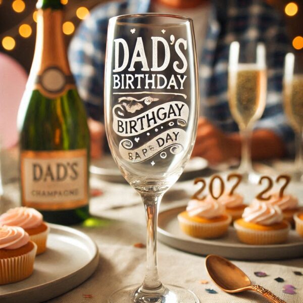 Personalized Deep Engraved Dad's Birthday Party Champagne Bar Glasses - Custom Gift for Dad