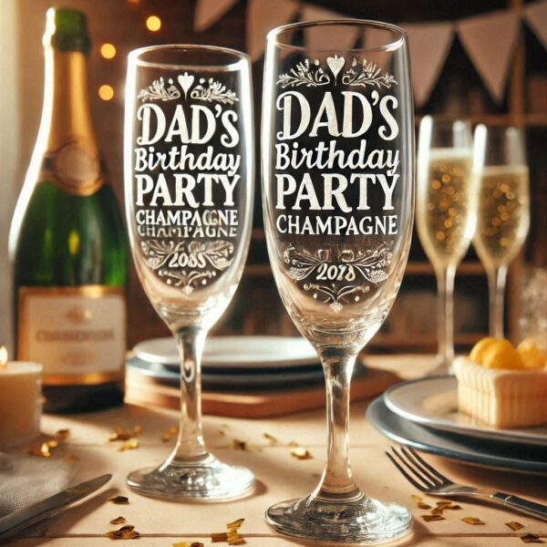 Personalized Deep Engraved Dad's Birthday Party Champagne Bar Glasses - Custom Gift for Dad