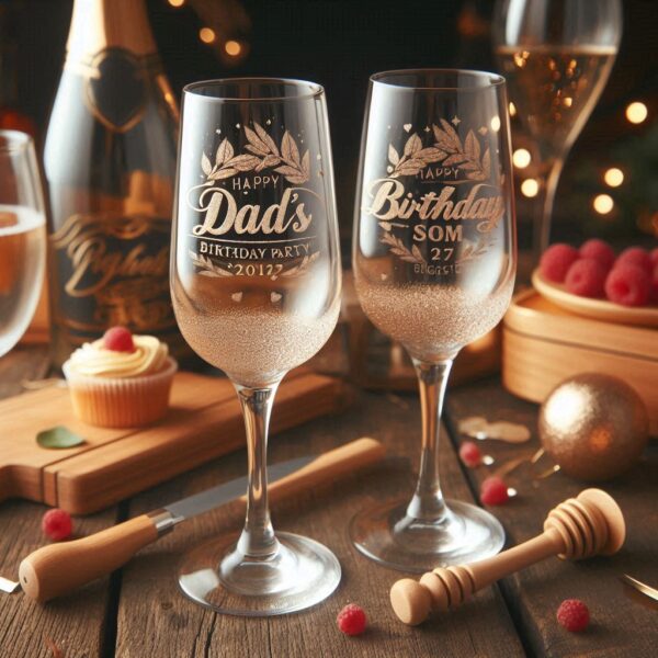 Personalized Deep Engraved Dad's Birthday Party Champagne Bar Glasses - Custom Gift for Dad