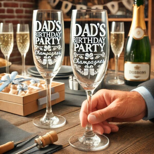 Personalized Deep Engraved Dad's Birthday Party Champagne Bar Glasses - Custom Gift for Dad