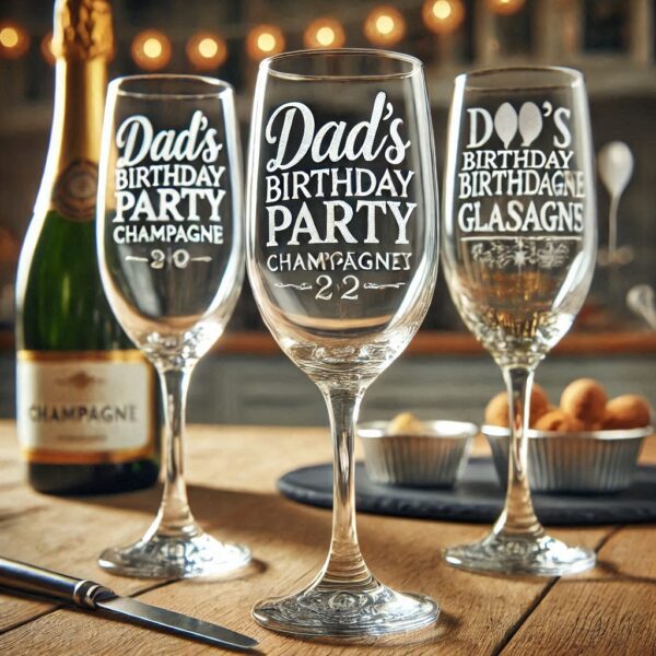 Personalized Deep Engraved Dad's Birthday Party Champagne Bar Glasses - Custom Gift for Dad