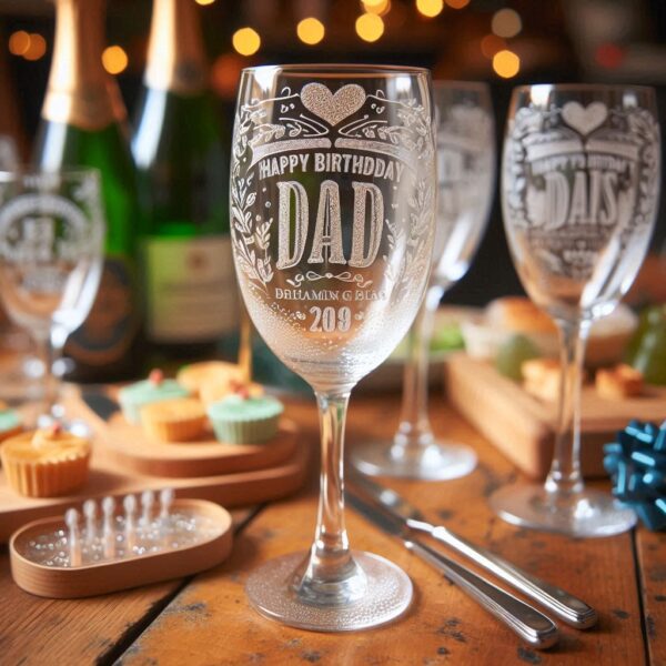 Personalized Deep Engraved Dad's Birthday Party Champagne Bar Glasses - Custom Gift for Dad