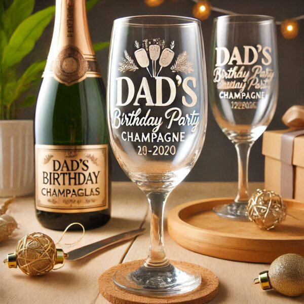 Personalized Deep Engraved Dad's Birthday Party Champagne Bar Glasses - Custom Gift for Dad