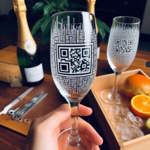 Personalized Deep Engraved Champagne, with QR Code Engraving Deep Engraved Personalized QR on Bar ware Glasses