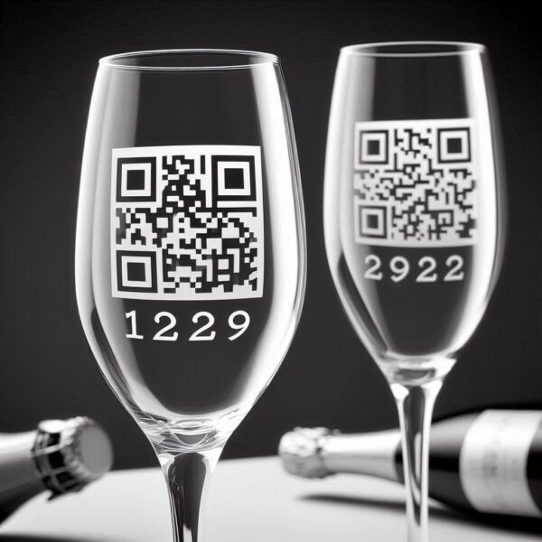 Personalized Deep Engraved Champagne, with QR Code Engraving Deep Engraved Personalized QR on Bar ware Glasses