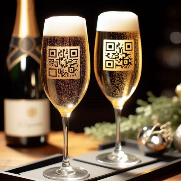 Personalized Deep Engraved Champagne, with QR Code Engraving Deep Engraved Personalized QR on Bar ware Glasses