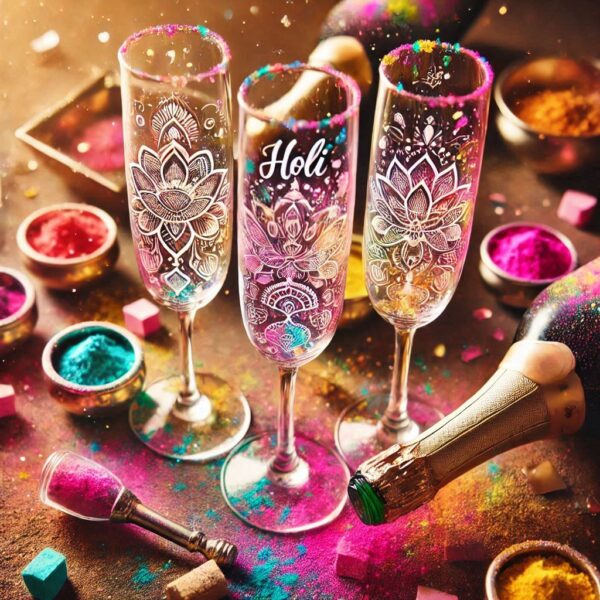 Personalized Deep Engraved Holi Festival Party Champagne Glasses - Custom Gift for Holi Festival Party