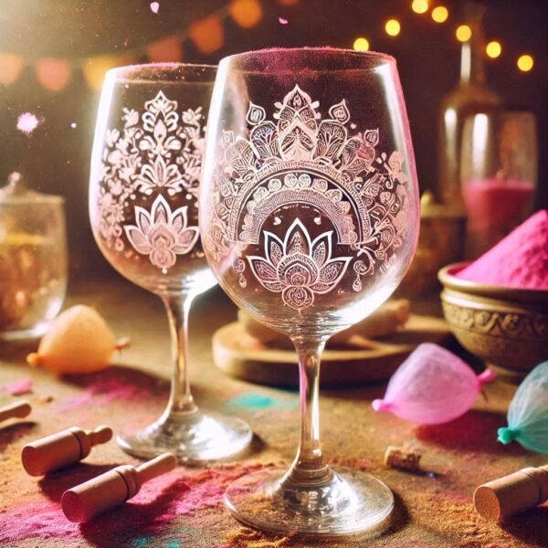 Personalized Deep Engraved Holi Festival Party Wine Glasses - Custom Gift for Holi Festival Party