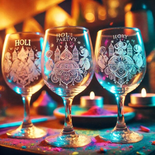 Personalized Deep Engraved Holi Festival Party Wine Glasses - Custom Gift for Holi Festival Party