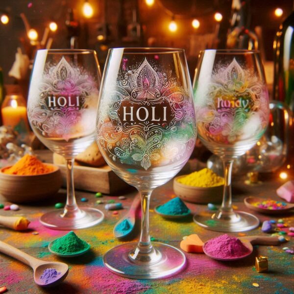 Personalized Deep Engraved Holi Festival Party Wine Glasses - Custom Gift for Holi Festival Party