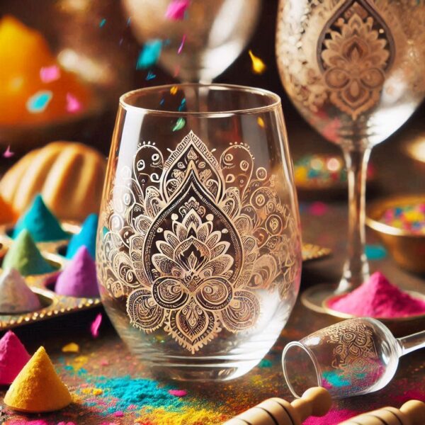 Personalized Deep Engraved Holi Festival Party Wine Glasses - Custom Gift for Holi Festival Party