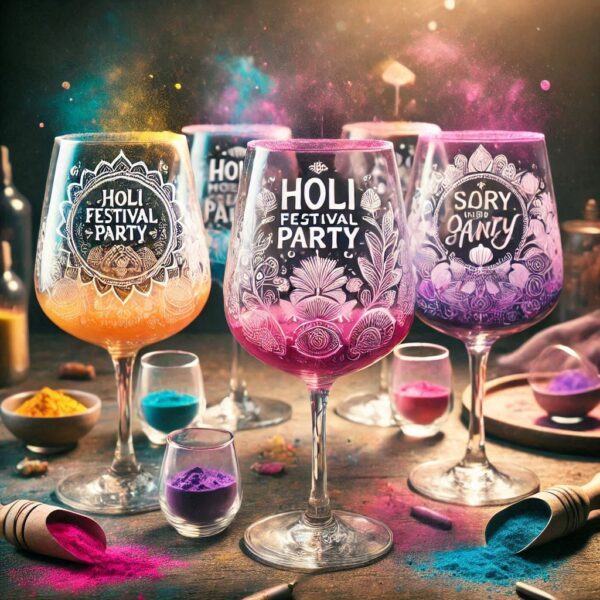 Personalized Deep Engraved Holi Festival Party Wine Glasses - Custom Gift for Holi Festival Party