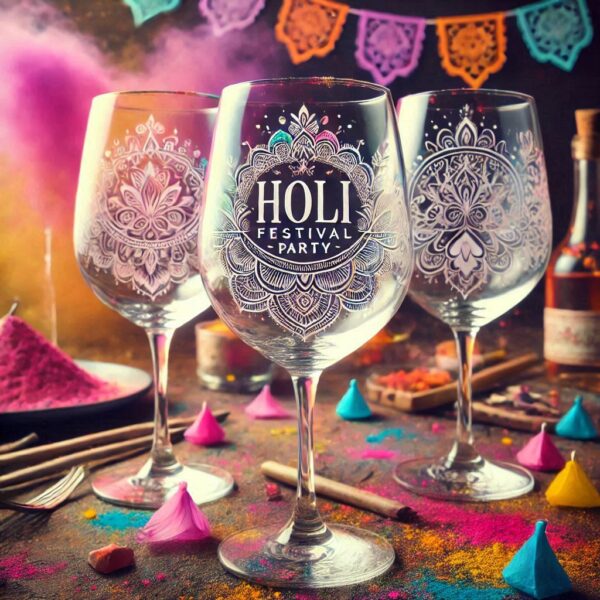 Personalized Deep Engraved Holi Festival Party Wine Glasses - Custom Gift for Holi Festival Party