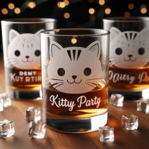 Personalized Deep Engraved Kitty Party whiskey Bar Glasses - Customizable Gift for Cat Lovers deep engraving Customizable Gift name, logo, monogram all type deep engraving