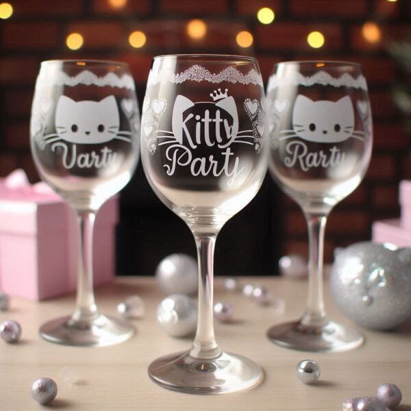 Personalized Deep Engraved Kitty Party wine Bar Glasses - Customizable Gift for Cat Lovers deep engraving Customizable wine Gift name, logo, monogram all type deep engraving