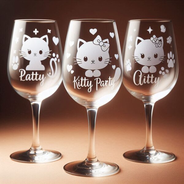 Personalized Deep Engraved Kitty Party wine Bar Glasses - Customizable Gift for Cat Lovers deep engraving Customizable wine Gift name, logo, monogram all type deep engraving