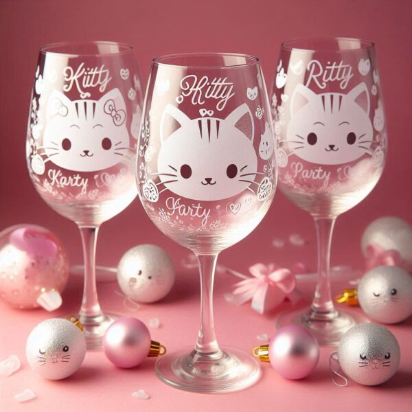 Personalized Deep Engraved Kitty Party wine Bar Glasses - Customizable Gift for Cat Lovers deep engraving Customizable wine Gift name, logo, monogram all type deep engraving