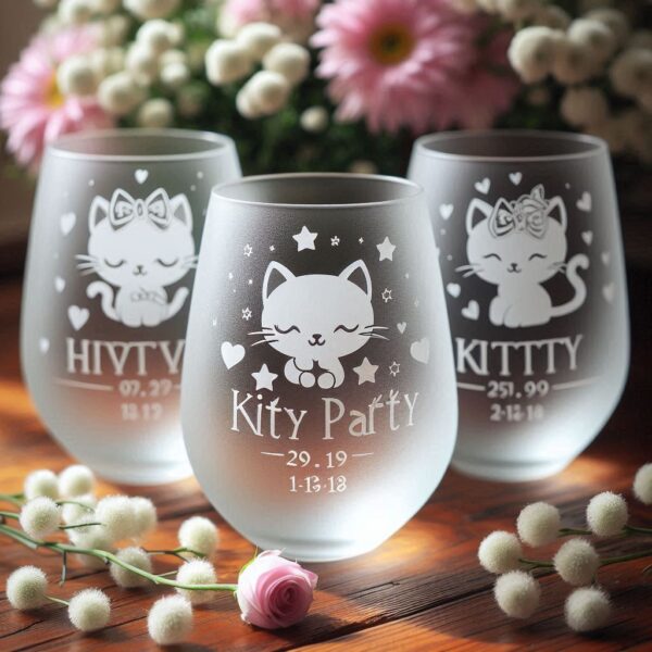 Personalized Deep Engraved Kitty Party wine Bar Glasses - Customizable Gift for Cat Lovers deep engraving Customizable wine Gift name, logo, monogram all type deep engraving