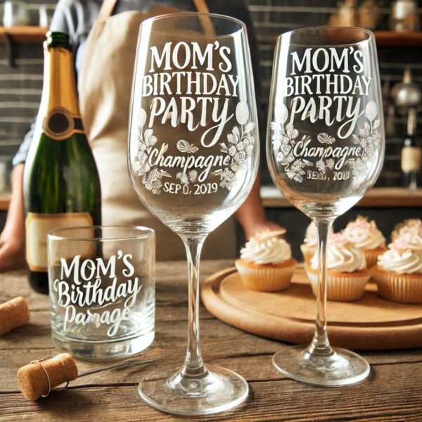 Personalized Deep Engraved Mom's Birthday Party Champagne Glasses - Custom Gift for Mom's Birthday Party