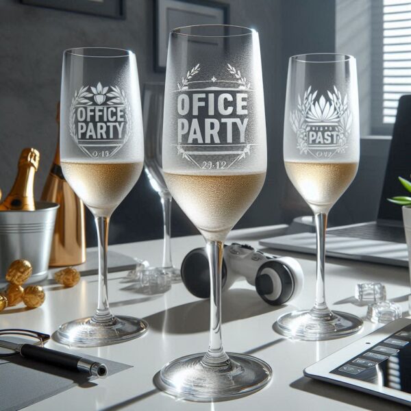 Personalized Deep Engraved Office Party Champagne Bar Glasses - Custom Office Party Champagne Glasses deep engraving your name, logo, photo, and monogram deep engraving your Champagne glass