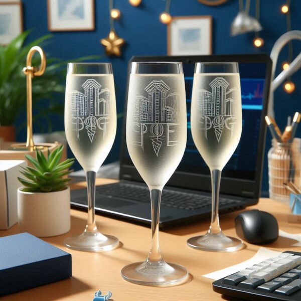 Personalized Deep Engraved Office Party Champagne Bar Glasses - Custom Office Party Champagne Glasses deep engraving your name, logo, photo, and monogram deep engraving your Champagne glass