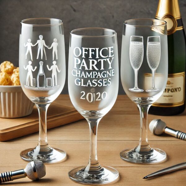 Personalized Deep Engraved Office Party Champagne Bar Glasses - Custom Office Party Champagne Glasses deep engraving your name, logo, photo, and monogram deep engraving your Champagne glass