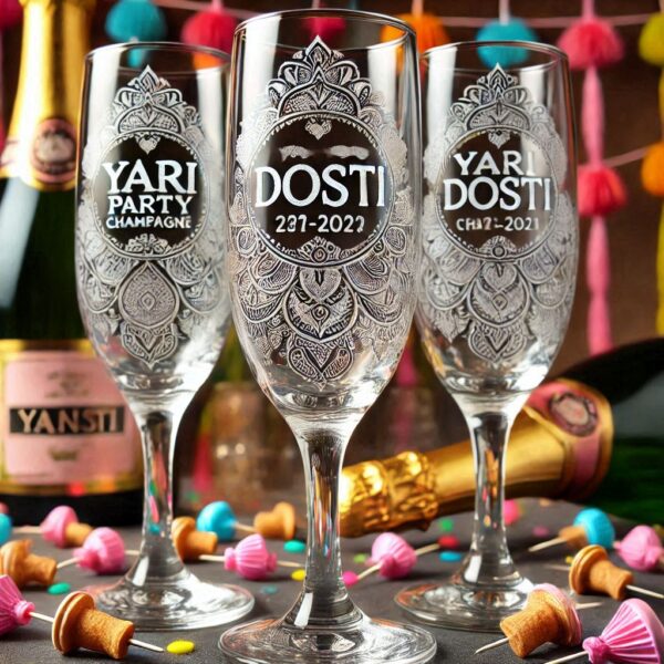 Yari Dosti drink party Personalized deep engraved your Champagne Glass name, logo, photo, company logo, monogram deep engraving your Champagne glass drink party