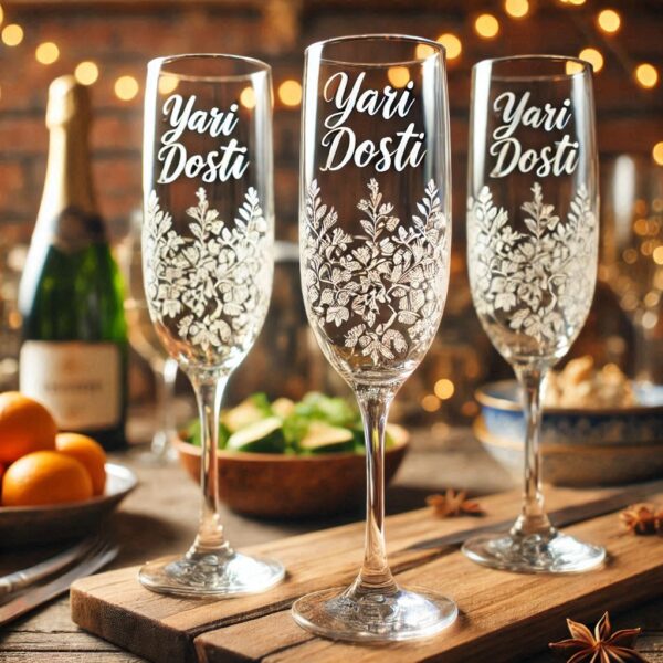 Yari Dosti drink party Personalized deep engraved your Champagne Glass name, logo, photo, company logo, monogram deep engraving your Champagne glass drink party