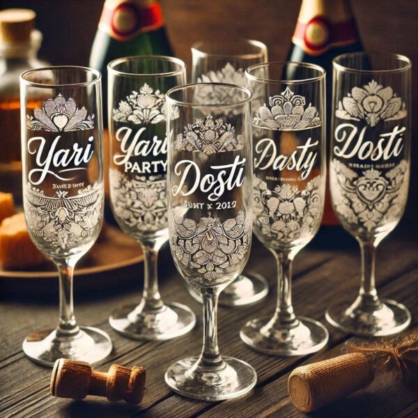 Yari Dosti drink party Personalized deep engraved your Champagne Glass name, logo, photo, company logo, monogram deep engraving your Champagne glass drink party