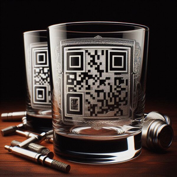 Deep engraved personalized QR barware glasses set