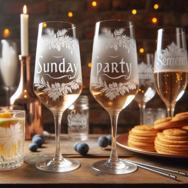 Personalized Deep Engraved Sunday Party Champagne Bar Glasses - Custom Party Glasses deep engraving your Champagne glass