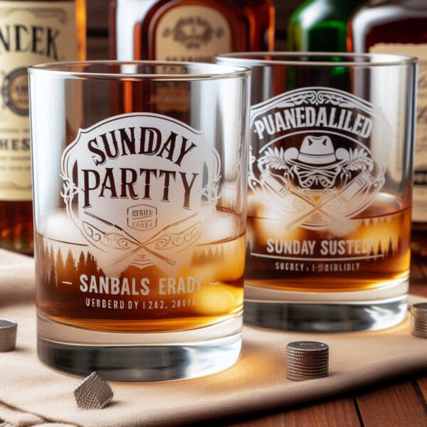 Product Description: Personalized Deep Engraved Sunday Party Bar Glasses