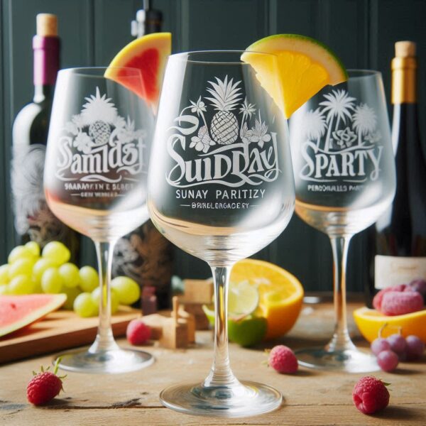 Personalized Deep Engraved Sunday Party wine Bar Glasses - Custom Party Glasses deep engraving your wine glass