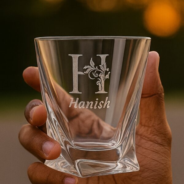 Personalized deep engraved crystal whiskey glass with twisted base design and custom name – elegant special occasion gift for all celebrations