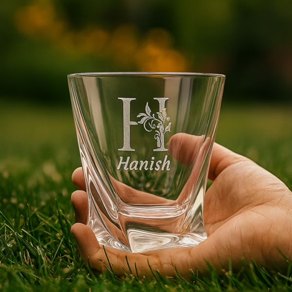 Personalized deep engraved crystal whiskey glass with twisted base design and custom name – elegant special occasion gift for all celebrations