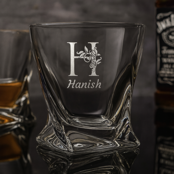 Personalized deep engraved crystal whiskey glass with twisted base design and custom name – elegant special occasion gift for all celebrations