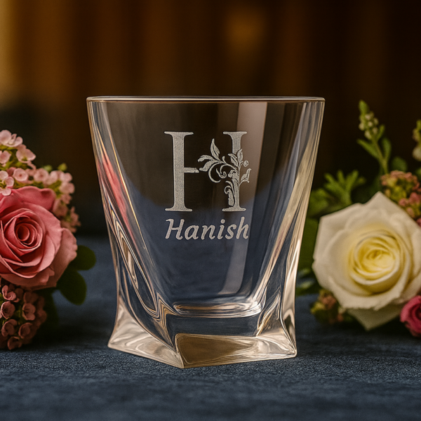 Personalized deep engraved crystal whiskey glass with twisted base design and custom name – elegant special occasion gift for all celebrations