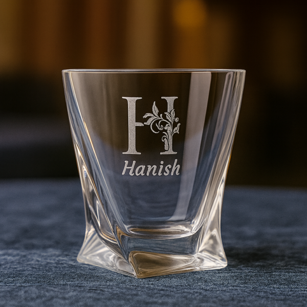 Personalized deep engraved crystal whiskey glass with twisted base design and custom name – elegant special occasion gift for all celebrations